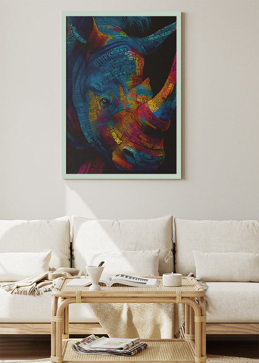 Neon Rhino Typography Art Canvas Print & Poster – Modern Luxury Wildlife Wall Art