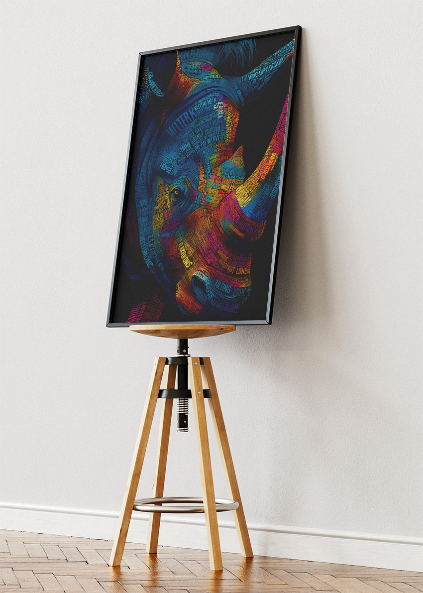 Neon Rhino Typography Art Canvas Print & Poster – Modern Luxury Wildlife Wall Art