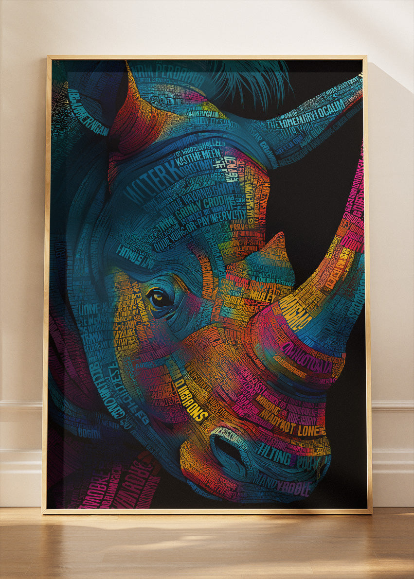 Neon Rhino Typography Art Canvas Print & Poster – Modern Luxury Wildlife Wall Art