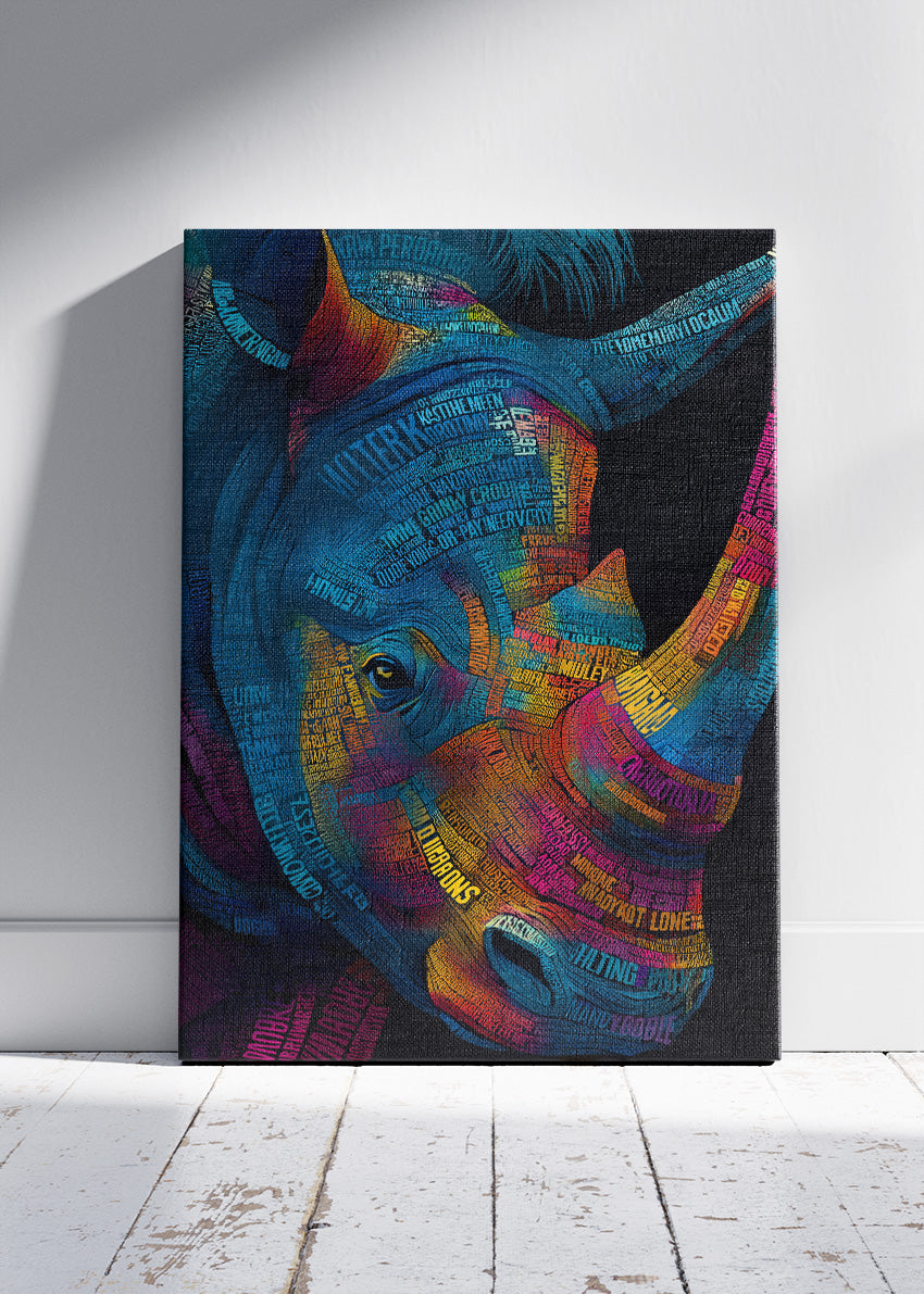 Neon Rhino Typography Art Canvas Print & Poster – Modern Luxury Wildlife Wall Art