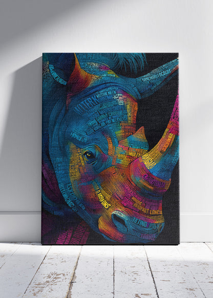 Neon Rhino Typography Art Canvas Print & Poster – Modern Luxury Wildlife Wall Art