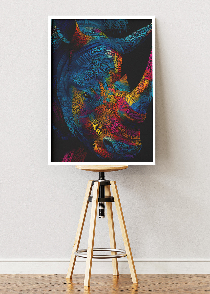 Neon Rhino Typography Art Canvas Print & Poster – Modern Luxury Wildlife Wall Art