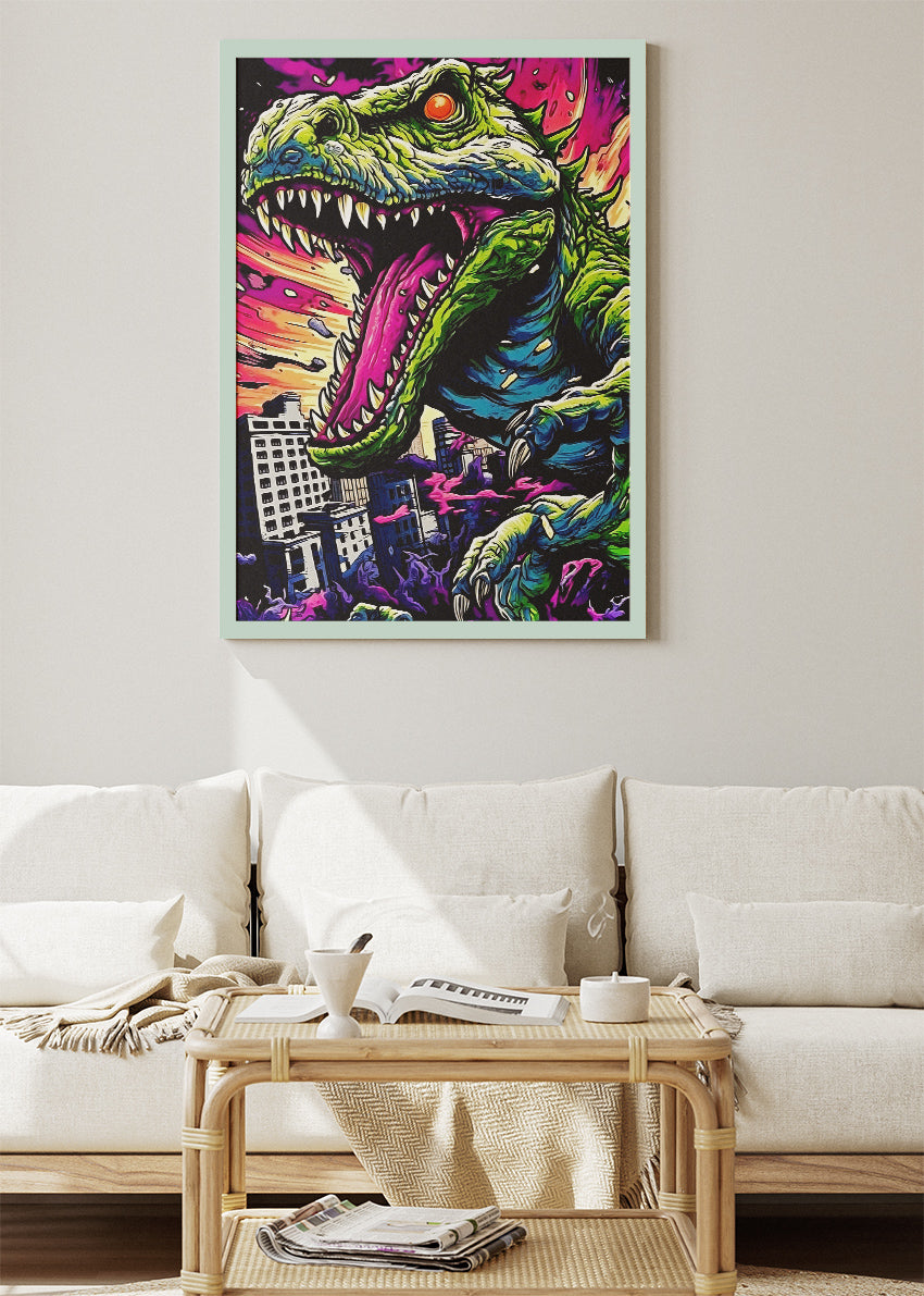 Neon T-Rex City Attack Canvas Print & Poster – Cyberpunk Monster Wall Art
