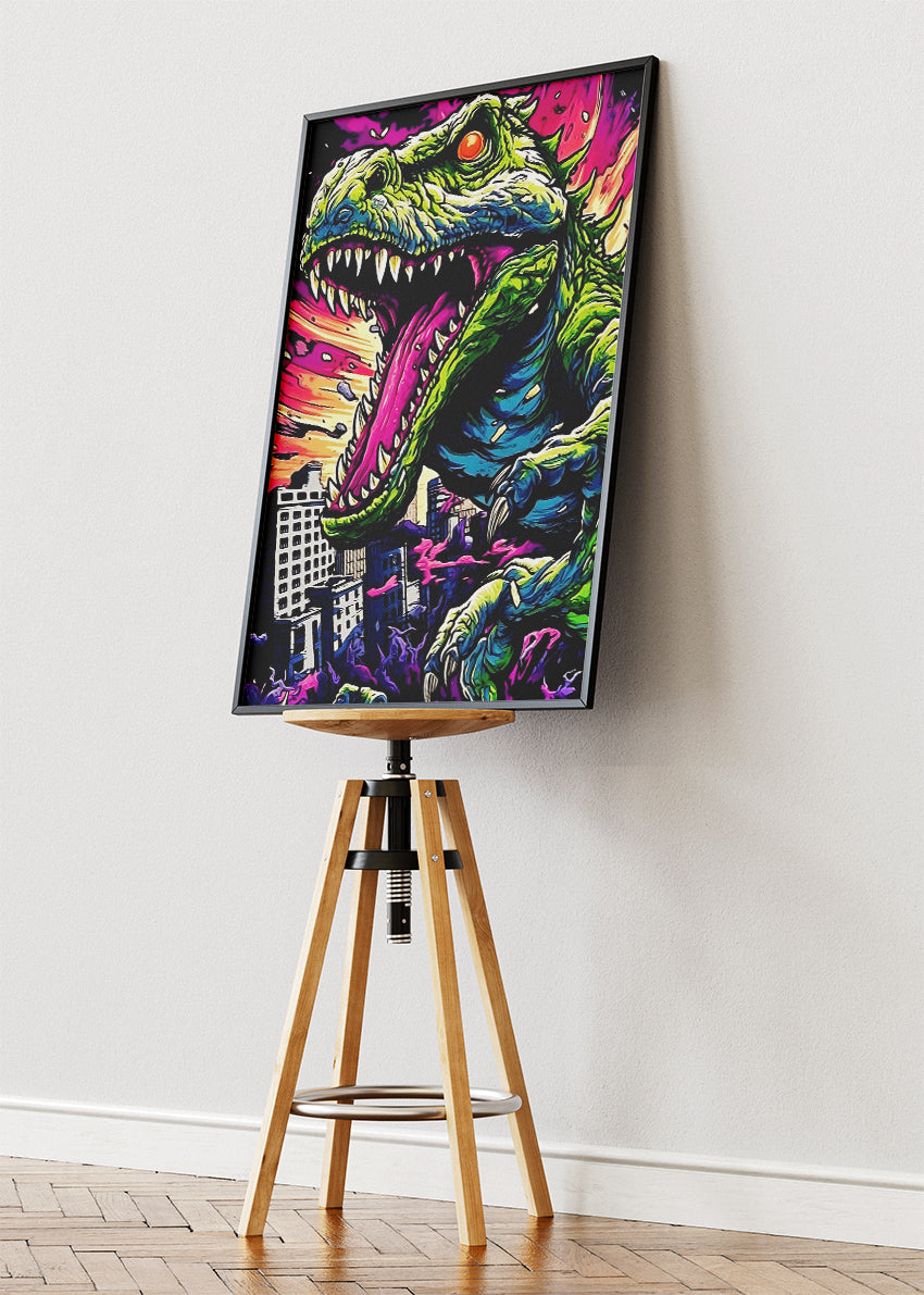Neon T-Rex City Attack Canvas Print & Poster – Cyberpunk Monster Wall Art