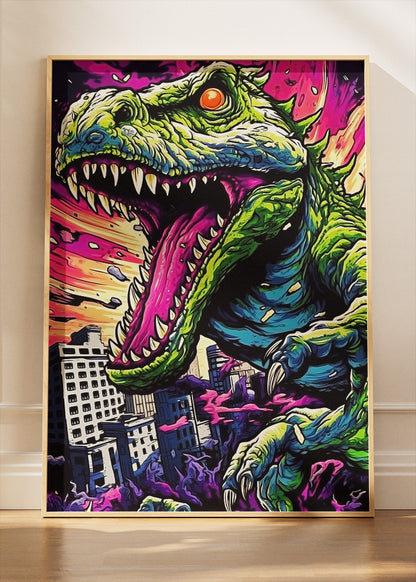 Neon T-Rex City Attack Canvas Print & Poster – Cyberpunk Monster Wall Art