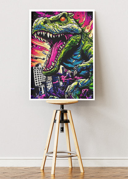 Neon T-Rex City Attack Canvas Print & Poster – Cyberpunk Monster Wall Art