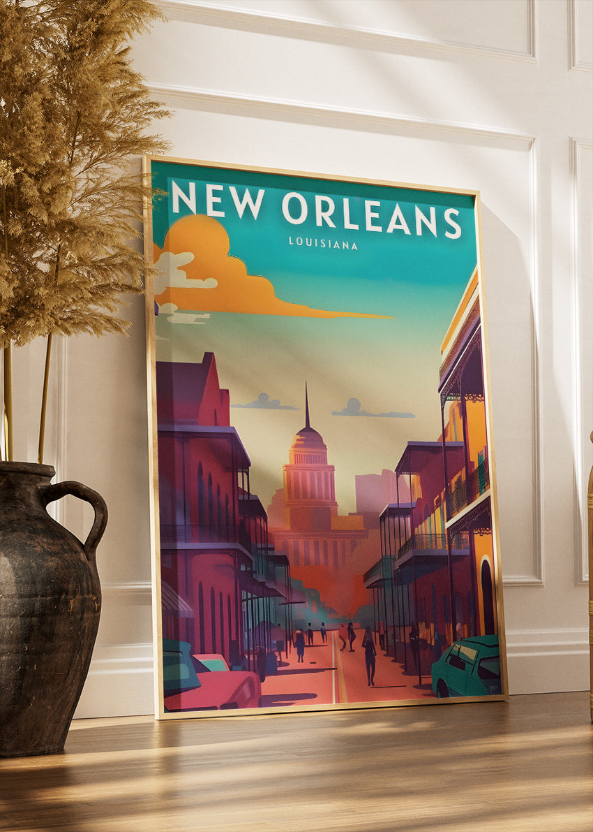 New Orleans Louisiana Poster & Canvas Print – French Quarter Street & Skyline Illustration