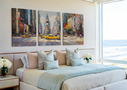 New York Times Square Canvas Wall Art – Yellow Taxi Cityscape Single & 3 Panel Canvas