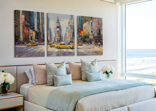 New York Times Square Canvas Wall Art – Yellow Taxi Cityscape Single & 3 Panel Canvas