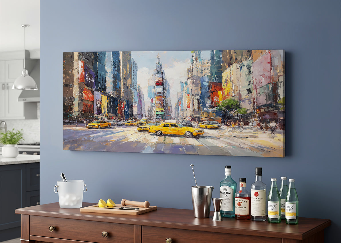 New York Times Square Canvas Wall Art – Yellow Taxi Cityscape Single & 3 Panel Canvas