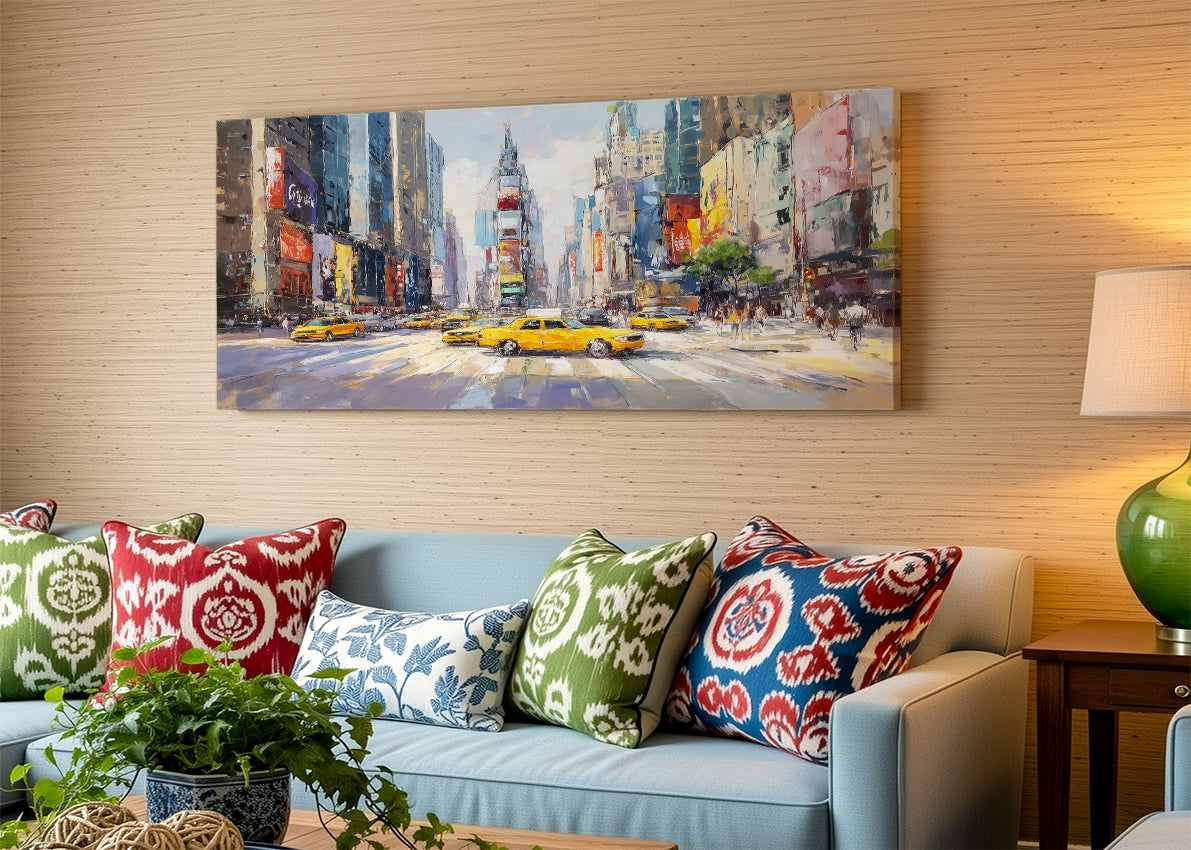 New York Times Square Canvas Wall Art – Yellow Taxi Cityscape Single & 3 Panel Canvas