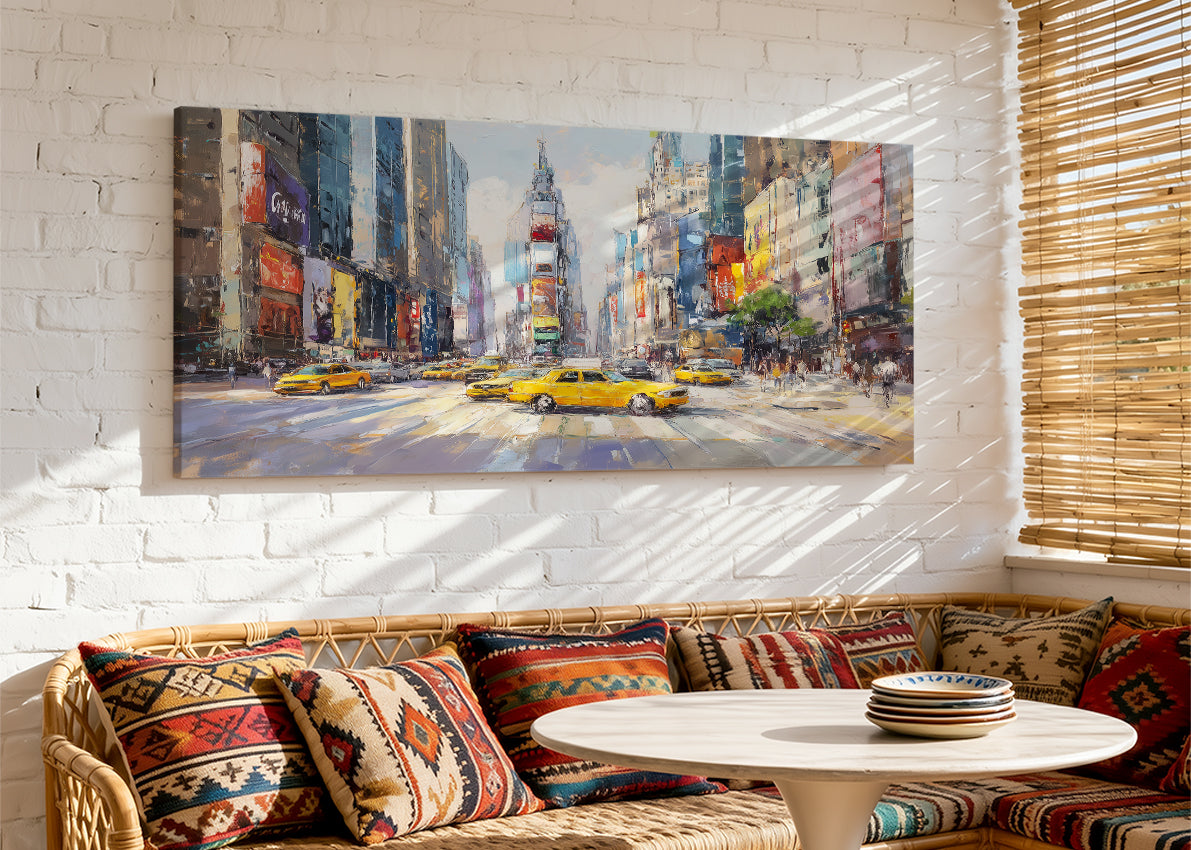 New York Times Square Canvas Wall Art – Yellow Taxi Cityscape Single & 3 Panel Canvas