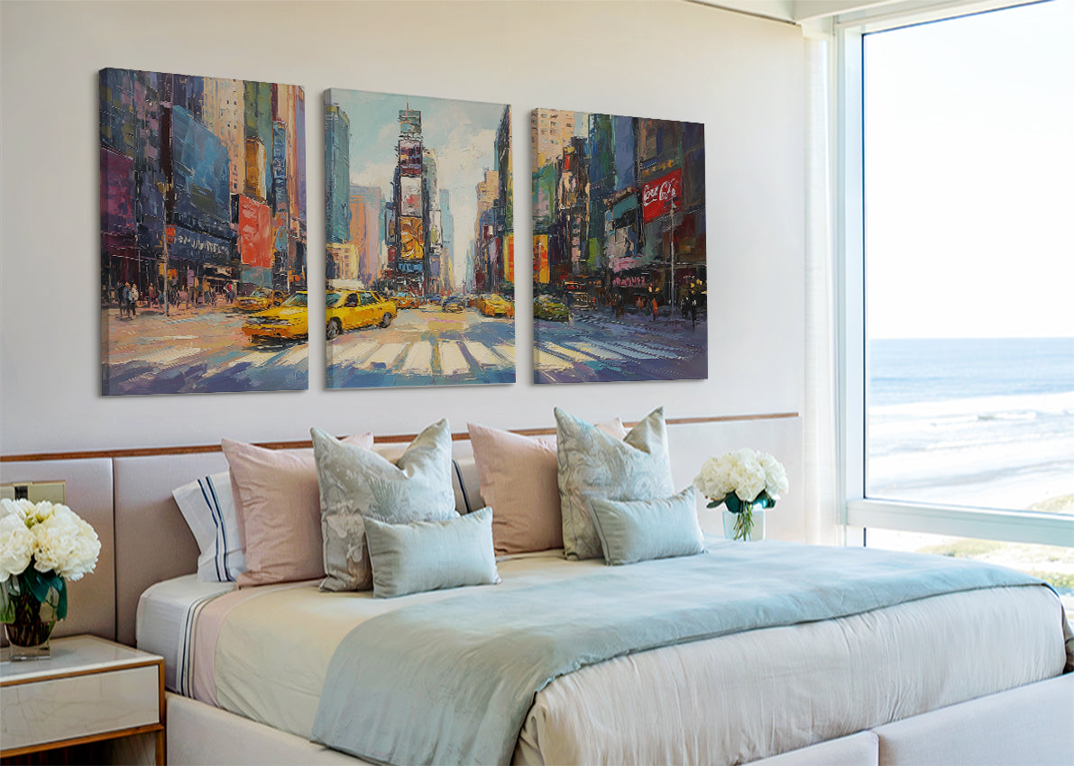 New York Times Square Yellow Taxi Canvas Wall Art – Modern City Street Single & 3 Panel Canvas