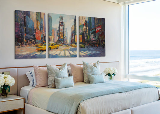 New York Times Square Yellow Taxi Canvas Wall Art – Modern City Street Single & 3 Panel Canvas