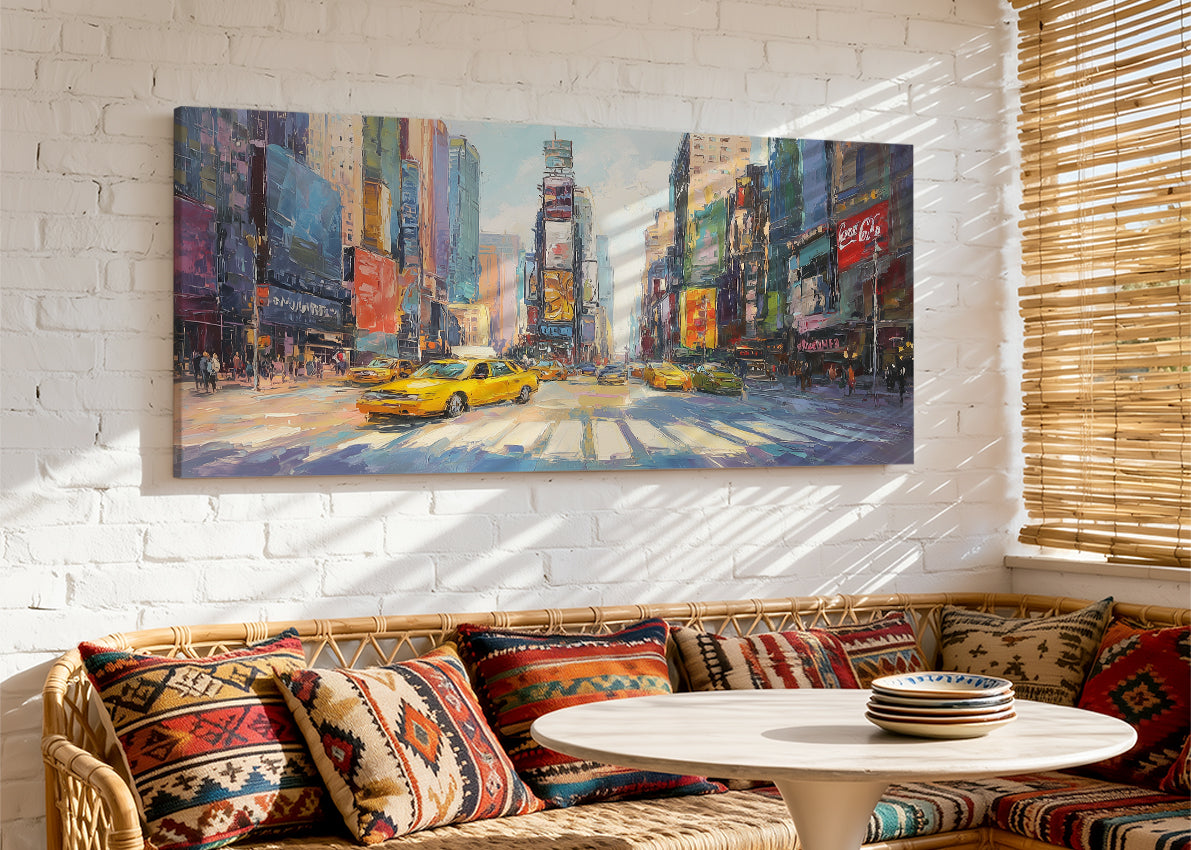 New York Times Square Yellow Taxi Canvas Wall Art – Modern City Street Single & 3 Panel Canvas