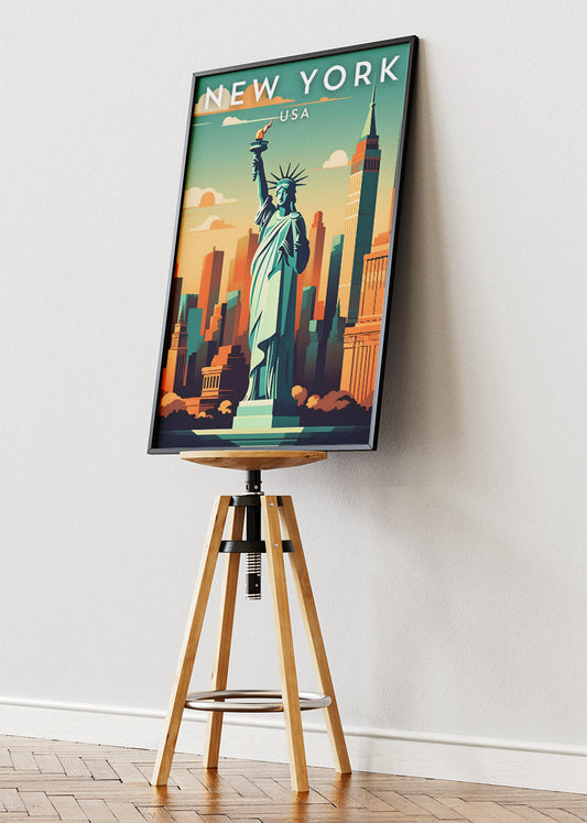 New York USA Poster & Canvas Print – Statue of Liberty & Skyline Illustration