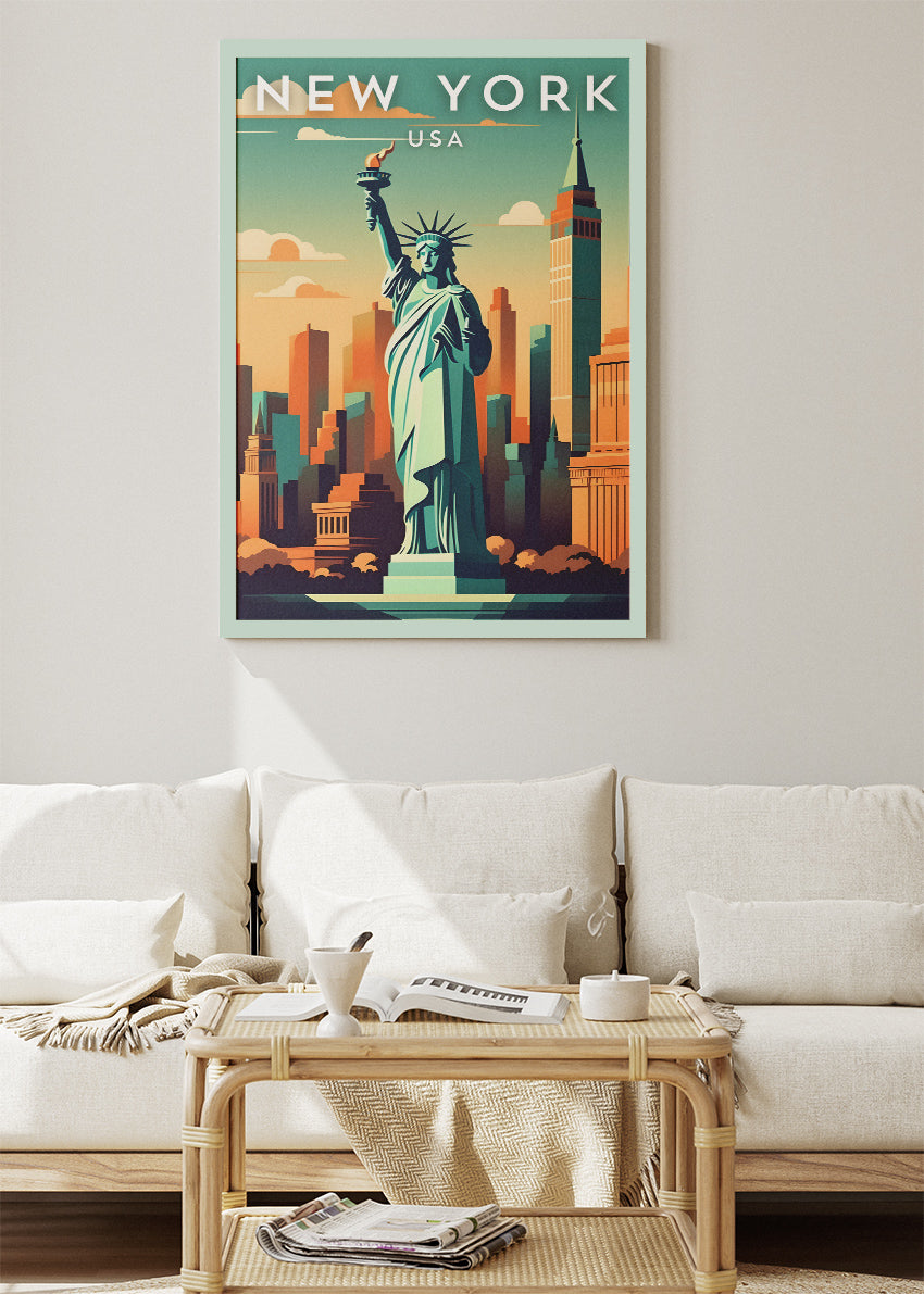 New York USA Poster & Canvas Print – Statue of Liberty & Skyline Illustration