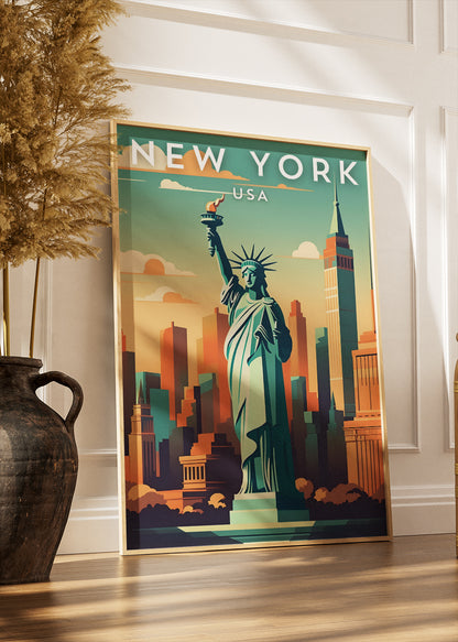New York USA Poster & Canvas Print – Statue of Liberty & Skyline Illustration