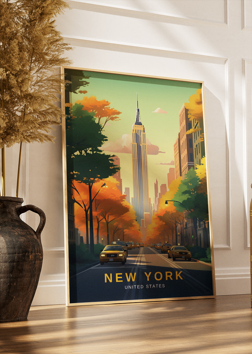 New York United States Poster & Canvas Print – Empire State Building Autumn Avenue Illustration