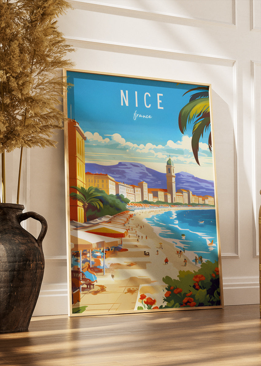 Nice France Beach Poster & Canvas Print – Illustrated French Riviera Art