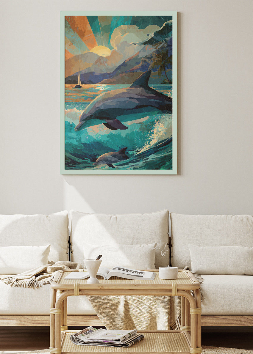 Ocean Dolphin Sunset Canvas & Poster Print – AI PRINT LAB
