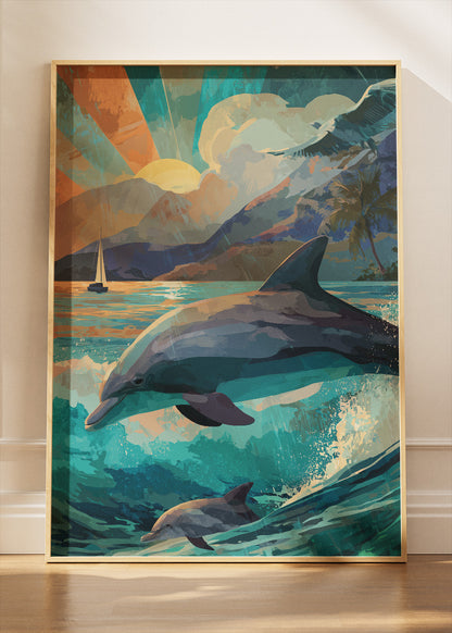 Ocean Dolphin Sunset Canvas & Poster Print – AI PRINT LAB