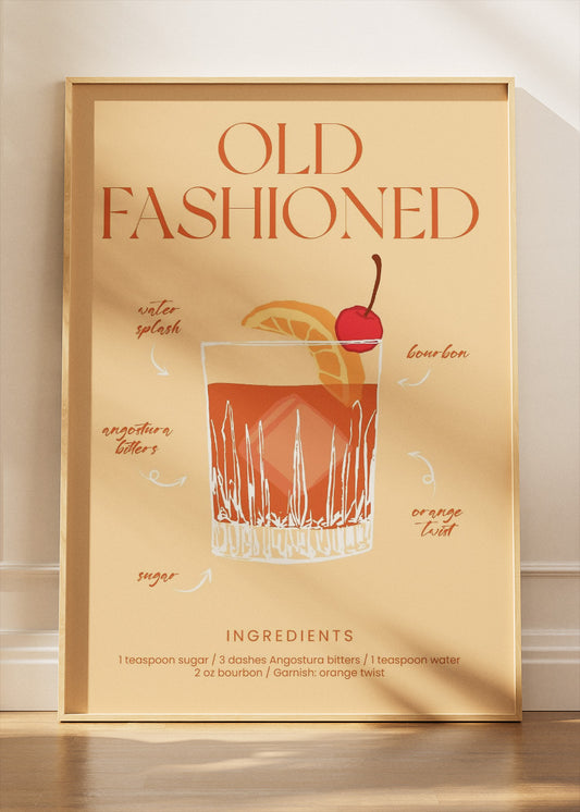Old Fashioned Illustrated Cocktail Poster & Canvas Print | Classic Whiskey Bar Art