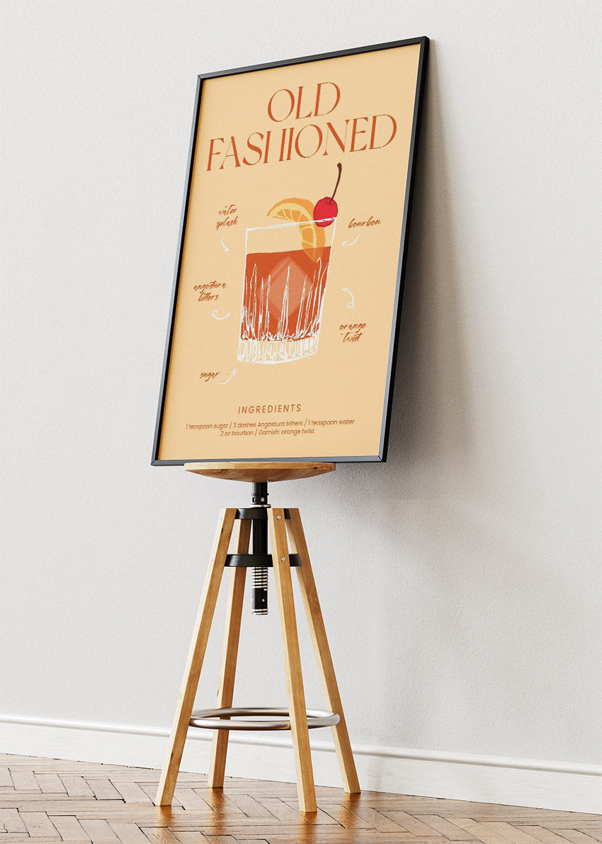 Old Fashioned Illustrated Cocktail Poster & Canvas Print | Classic Whiskey Bar Art