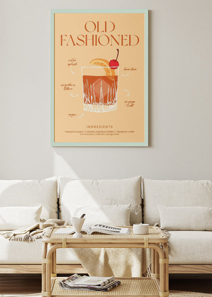 Old Fashioned Illustrated Cocktail Poster & Canvas Print | Classic Whiskey Bar Art
