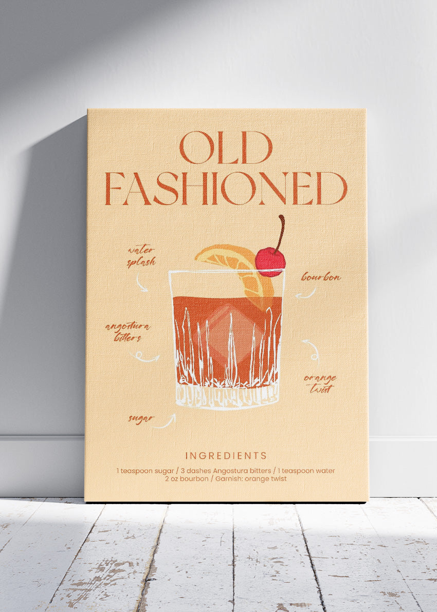 Old Fashioned Illustrated Cocktail Poster & Canvas Print | Classic Whiskey Bar Art