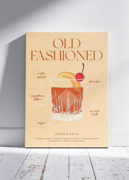 Old Fashioned Illustrated Cocktail Poster & Canvas Print | Classic Whiskey Bar Art