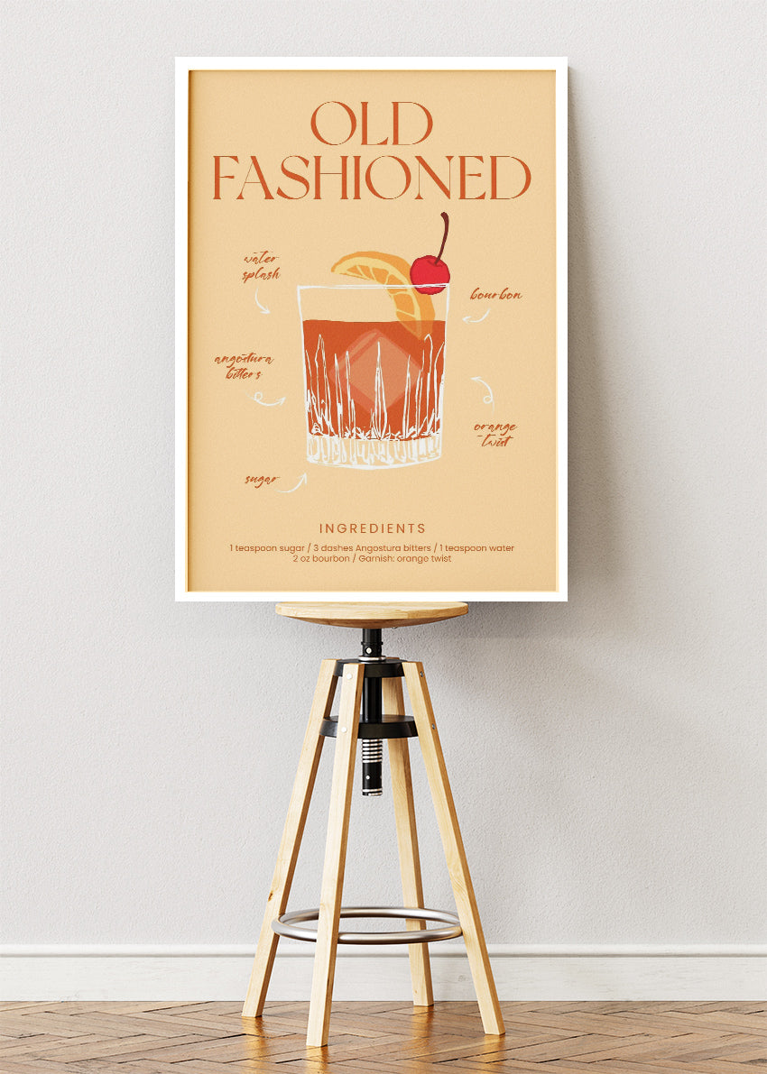 Old Fashioned Illustrated Cocktail Poster & Canvas Print | Classic Whiskey Bar Art
