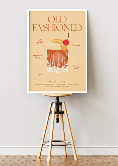 Old Fashioned Illustrated Cocktail Poster & Canvas Print | Classic Whiskey Bar Art