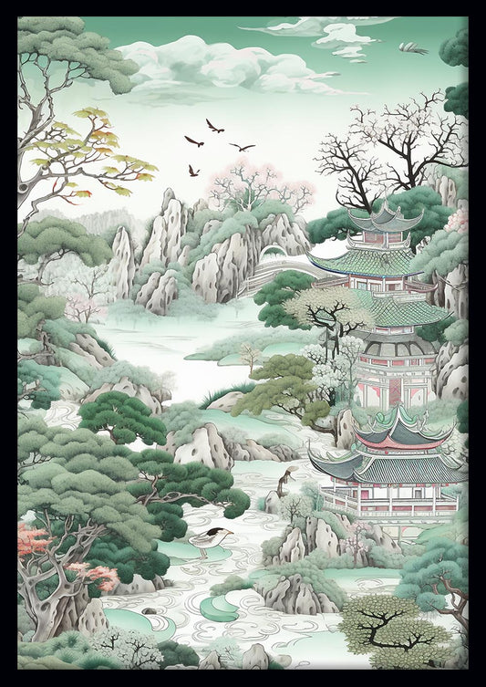 Oriental Pagoda Landscape Art Print & Canvas – T549 – AiPrintLab