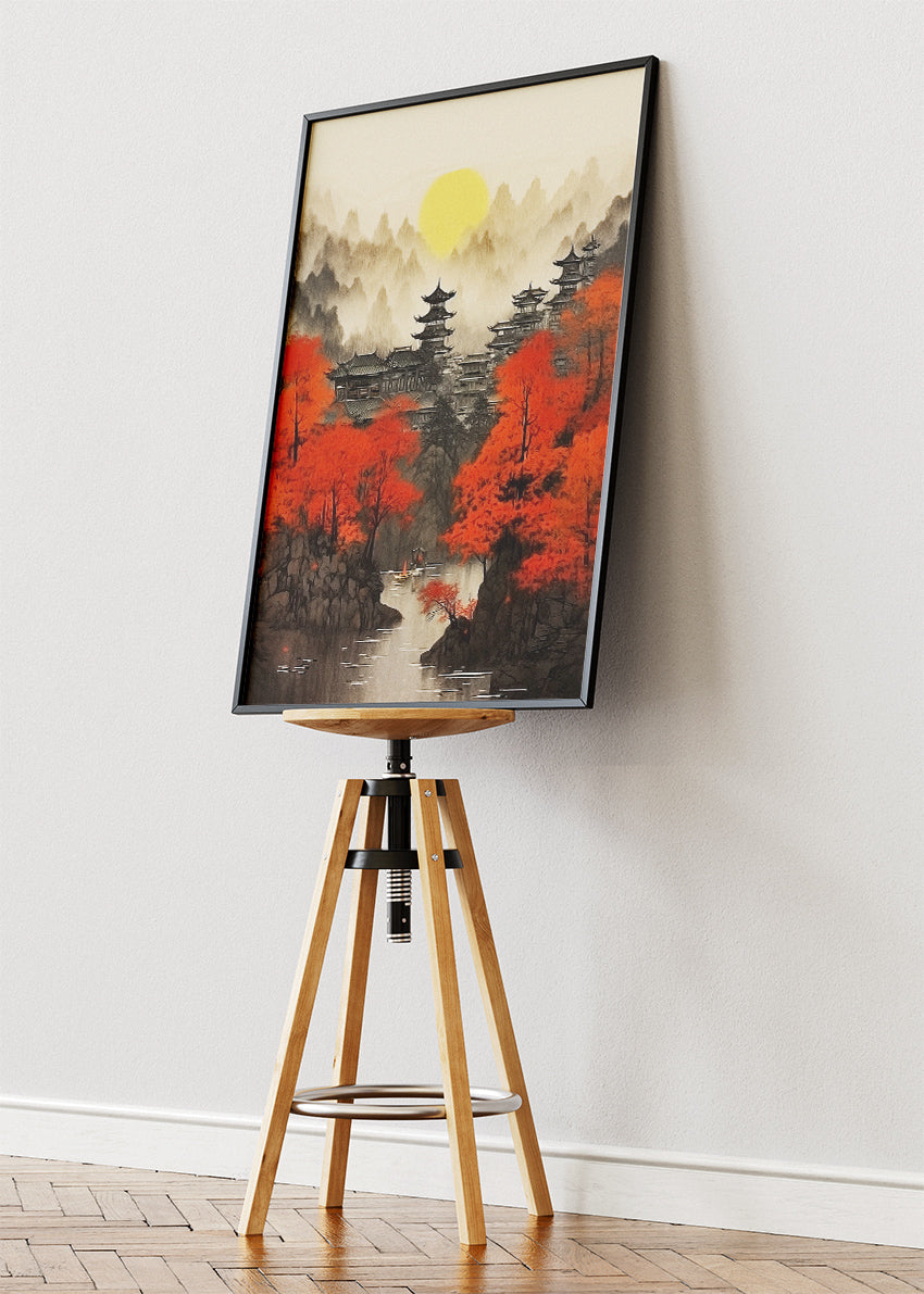 Oriental Pagoda Village with Red Autumn Trees – Japanese Style Landscape Wall Art Poster & Canvas – AI PRINT LAB