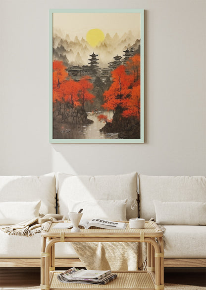 Oriental Pagoda Village with Red Autumn Trees – Japanese Style Landscape Wall Art Poster & Canvas – AI PRINT LAB