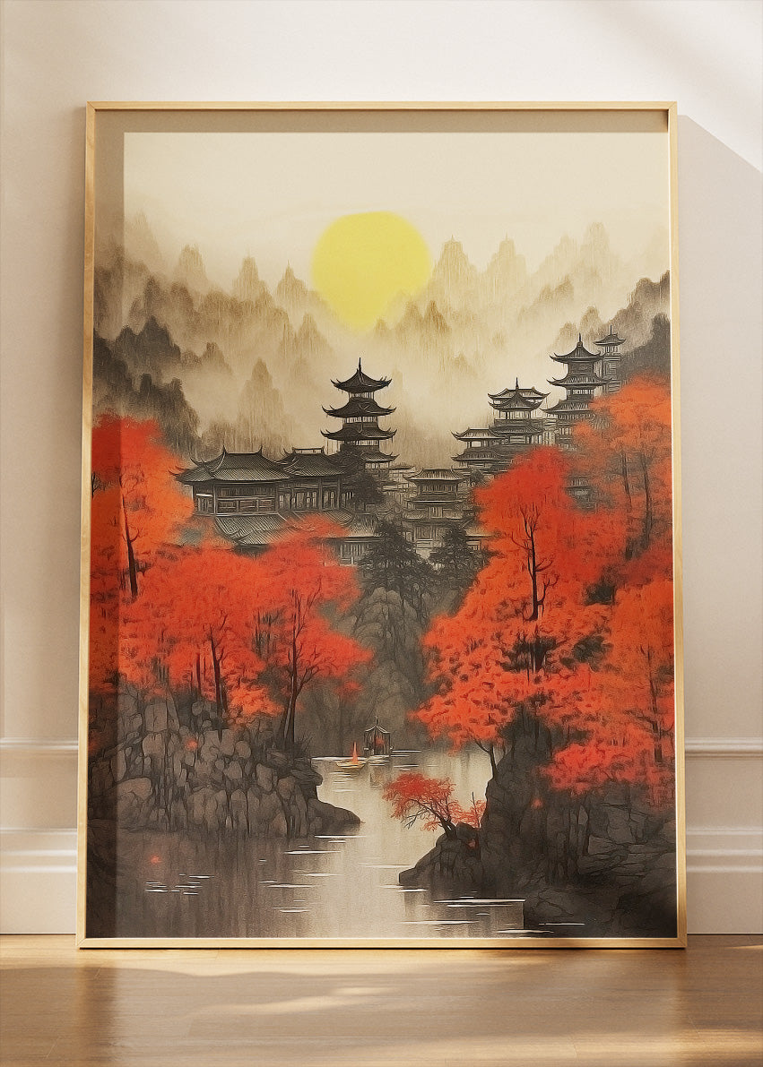 Oriental Pagoda Village with Red Autumn Trees – Japanese Style Landscape Wall Art Poster & Canvas – AI PRINT LAB