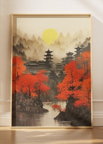 Oriental Pagoda Village with Red Autumn Trees – Japanese Style Landscape Wall Art Poster & Canvas – AI PRINT LAB