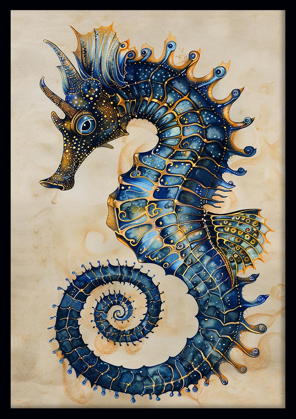 Ornate Blue Seahorse – Fantasy Marine Life Canvas & Poster Wall Art – T1237 – AiPrintLab
