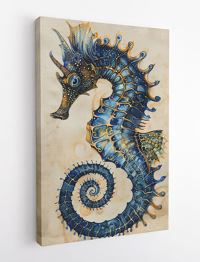 Ornate Blue Seahorse – Fantasy Marine Life Canvas & Poster Wall Art – T1237 – AiPrintLab