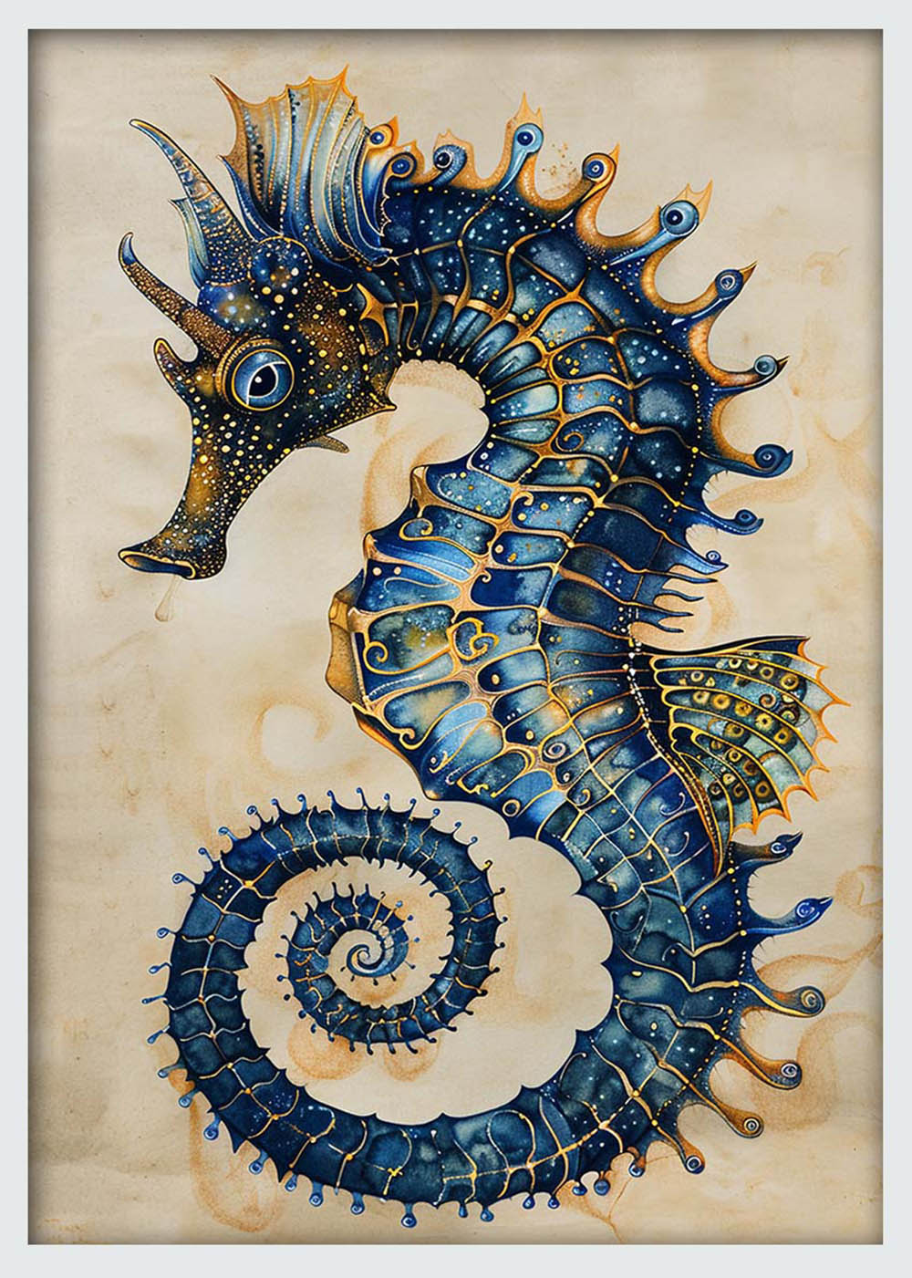 Ornate Blue Seahorse – Fantasy Marine Life Canvas & Poster Wall Art – T1237 – AiPrintLab
