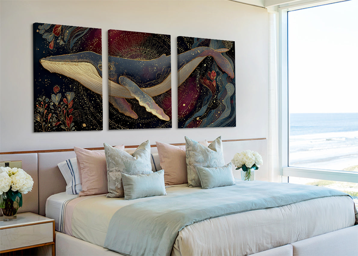 Ornate Celestial Whale Canvas Wall Art – Single & 3 Panel Split – AI PRINT LAB