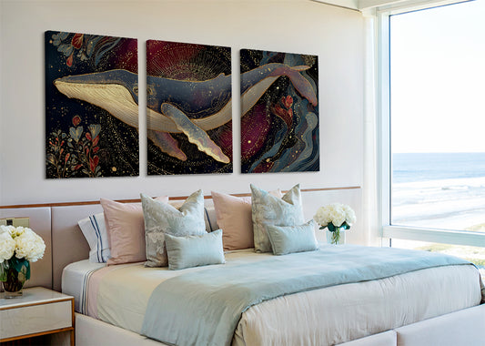 Ornate Celestial Whale Canvas Wall Art – Single & 3 Panel Split – AI PRINT LAB