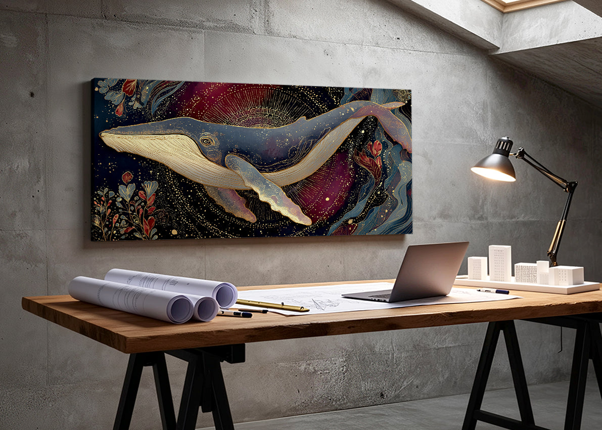 Ornate Celestial Whale Canvas Wall Art – Single & 3 Panel Split – AI PRINT LAB