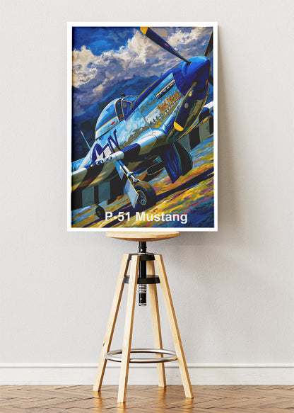 P-51 Mustang Poster & Canvas Print – Illustrated WWII Fighter Aircraft Wall Art