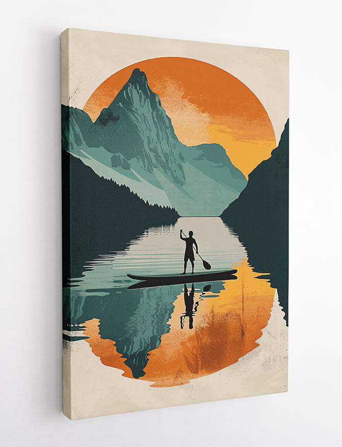 Paddleboard Sunset Reflection – Retro Nature Adventure Canvas & Poster Art – T1243 – AiPrintLab