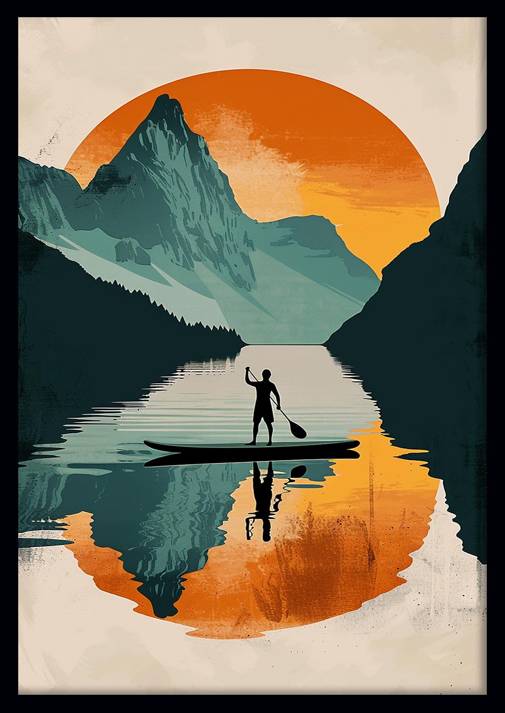 Paddleboard Sunset Reflection – Retro Nature Adventure Canvas & Poster Art – T1243 – AiPrintLab