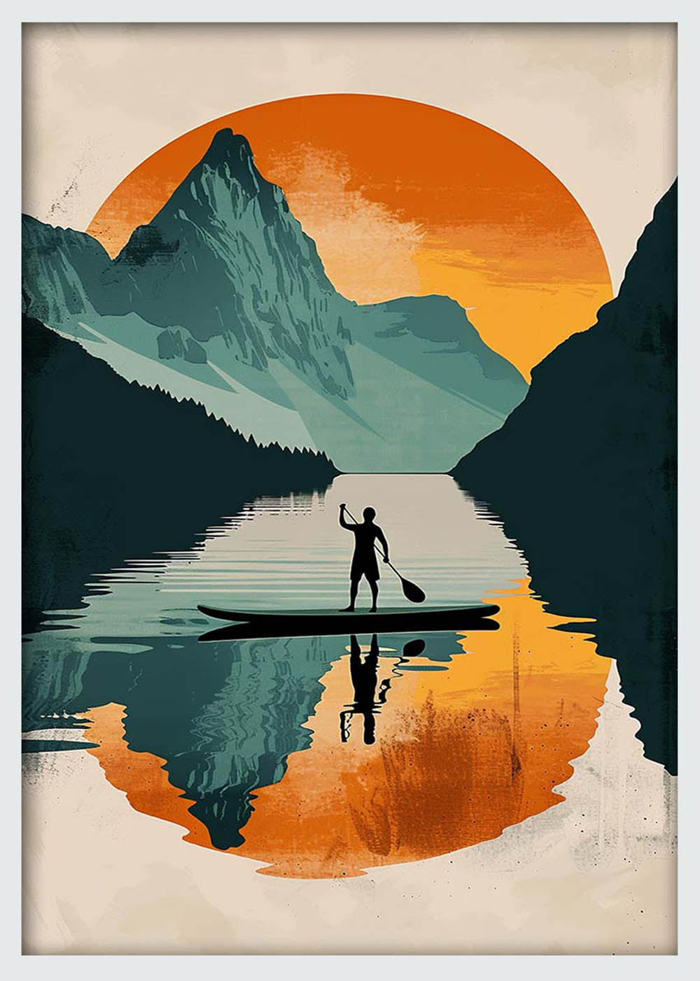 Paddleboard Sunset Reflection – Retro Nature Adventure Canvas & Poster Art – T1243 – AiPrintLab