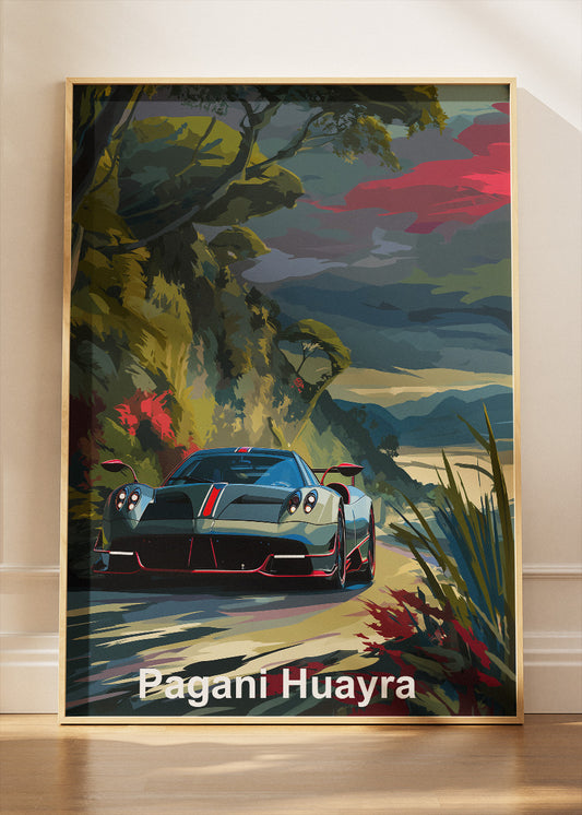 Pagani Huayra Scenic Drive Canvas Print & Poster – Luxury Hypercar Landscape Wall Art – AI PRINT LAB