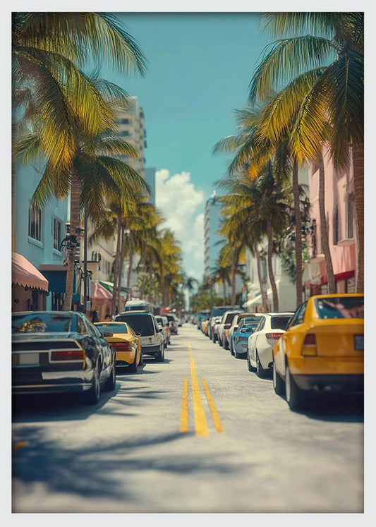 Palm-Lined Street in Miami – Tropical Cityscape Canvas & Poster Wall Art – T1214 – AiPrintLab